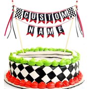 Race Car Cake Topper, Custom Name Race Car Birthday Cake Decorations, Race Car Party Decorations Checkered Flag Cake Banner(Black)