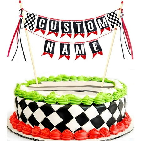 Race Car Cake Topper, Custom Name Race Car Birthday Cake Decorations, Race Car Party Decorations Checkered Flag Cake Banner(Black)
