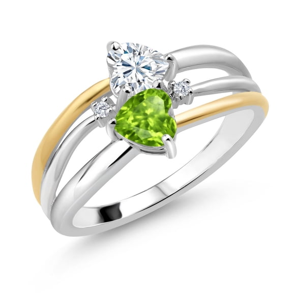 Gem Stone King 925 Silver and 10K Yellow Gold White Moissanite and Green Peridot and White Lab Grown Diamond Band Ring for Women (0.94 Cttw, Gemstone, Heart Shape 5MM, Size 9)