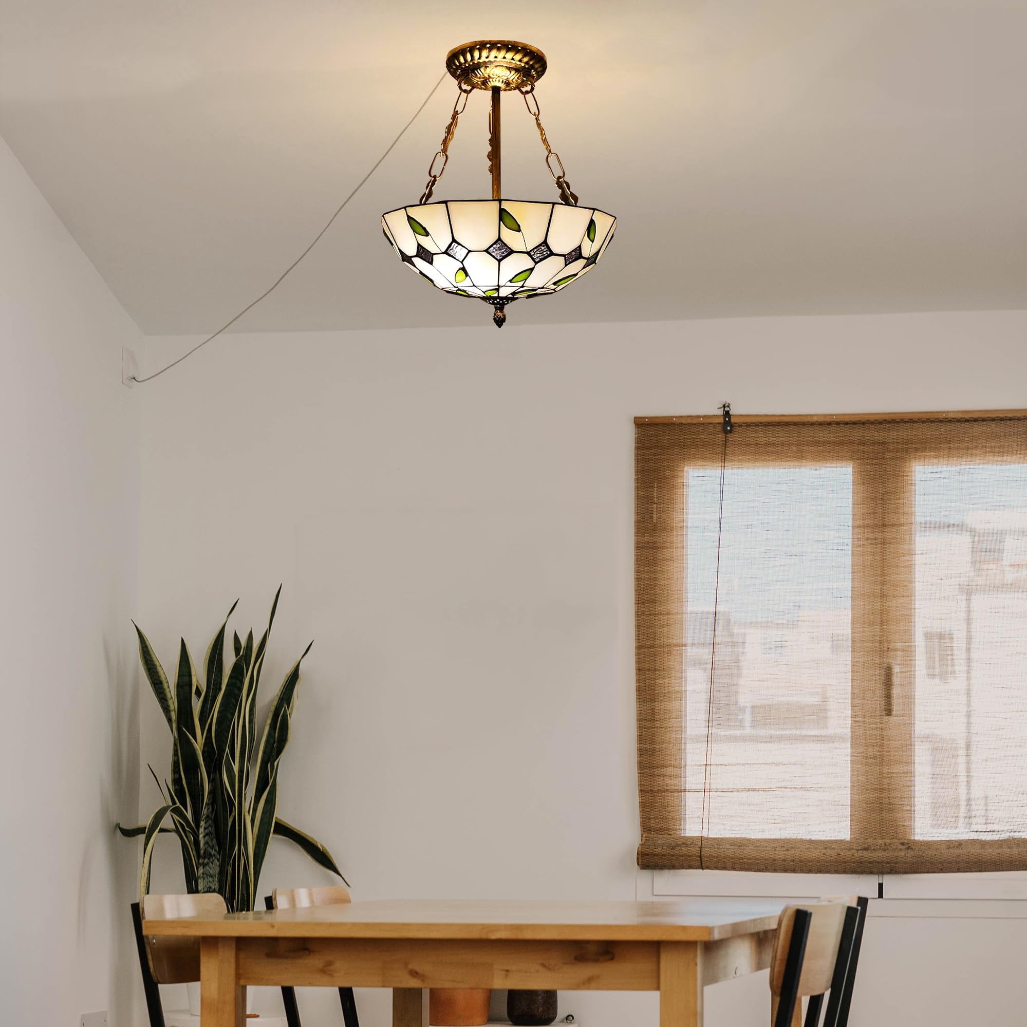Kiven 11.8in Flush Mount Ceiling Light Fixture Dimmable, 2-Light Anti Glare Close to Ceiling Light with 15FT Plug-in Cord, Tiffany-Style Glass Chandelier for Bedroom Kitchen Hallway(No.3223)