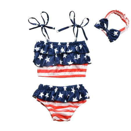 

QIPOPIQ Girls Outfits Clearance Toddler Girls Three-piece Swimsuits Stripe Independence Day Beach Bathing Suit