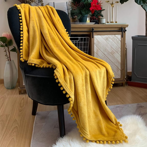 LOMAO Flannel Blanket Soft Throw Blanket with Pompom Fringe Lightweight Gift Blankets Fit Couch Sofa Bed(51"x 63")(Mustard Yellow)