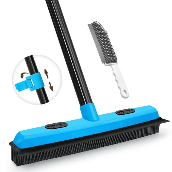 JEHONN Rubber Broom Carpet Rake Brush for Pet Hair with Squeegee (Blue)