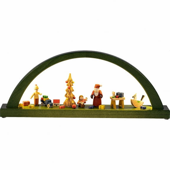 German candle arch LED Santa giving out Christmas presents, length 40 cm / 16 inch, natural, original Erzgebirge by Richard Glaesser Seiffen