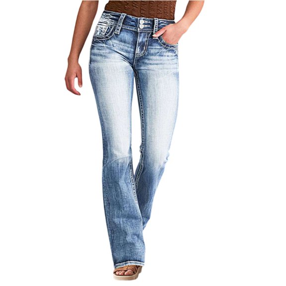 Yungyresw Bootcut Jeans For Women Stretchy Mid Rise Straight Leg Denim Pants Trendy Comfy Flare Distressed Jeans With Pocket Blue L