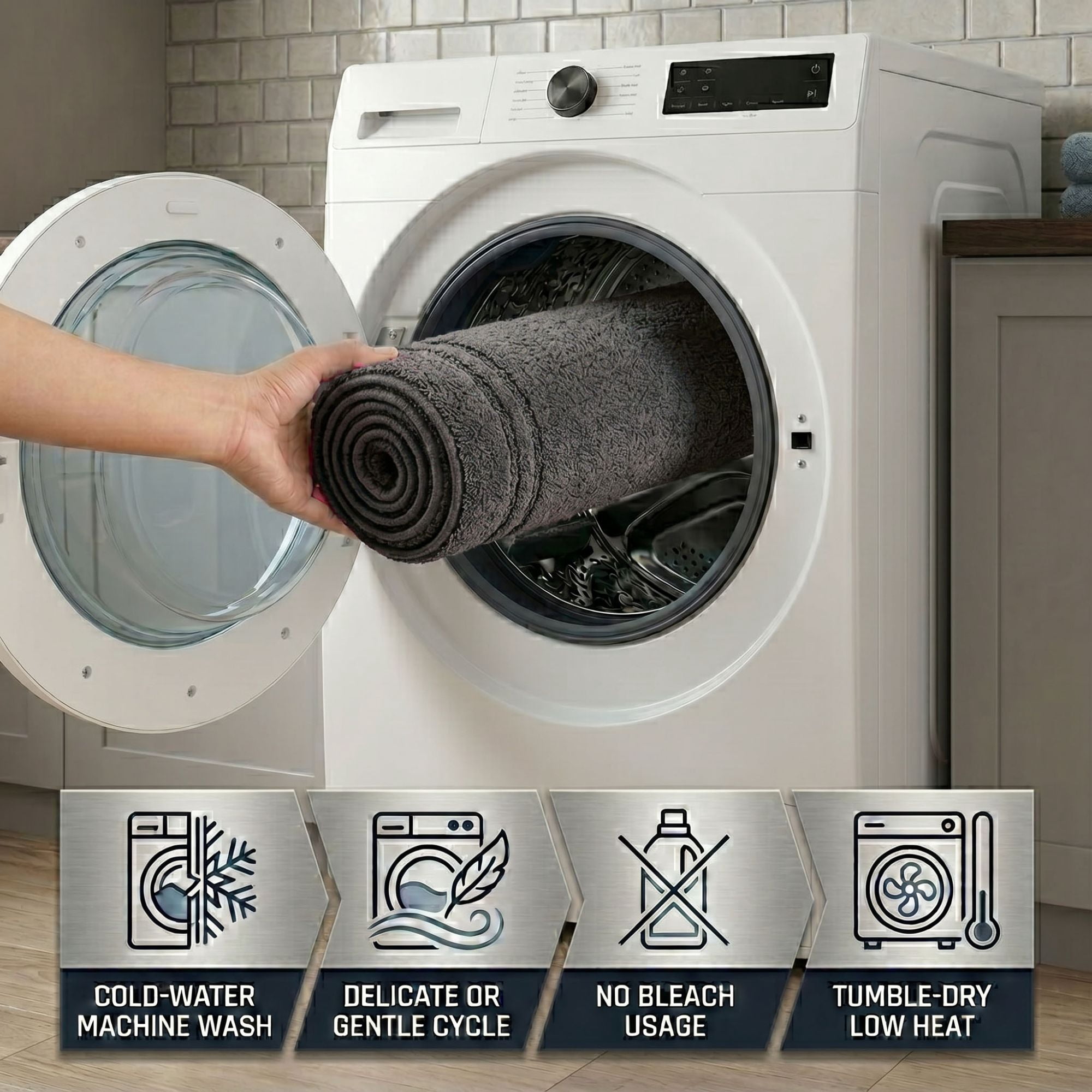 Superior Solid Bordered Cotton Washable Non-Slip Bath Rug, Runner Size, Charcoal