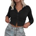 thumbnail image 1 of Diconna Women Blouse Solid Color Turn-down Collar Long Sleeve Crop Tops, 1 of 4