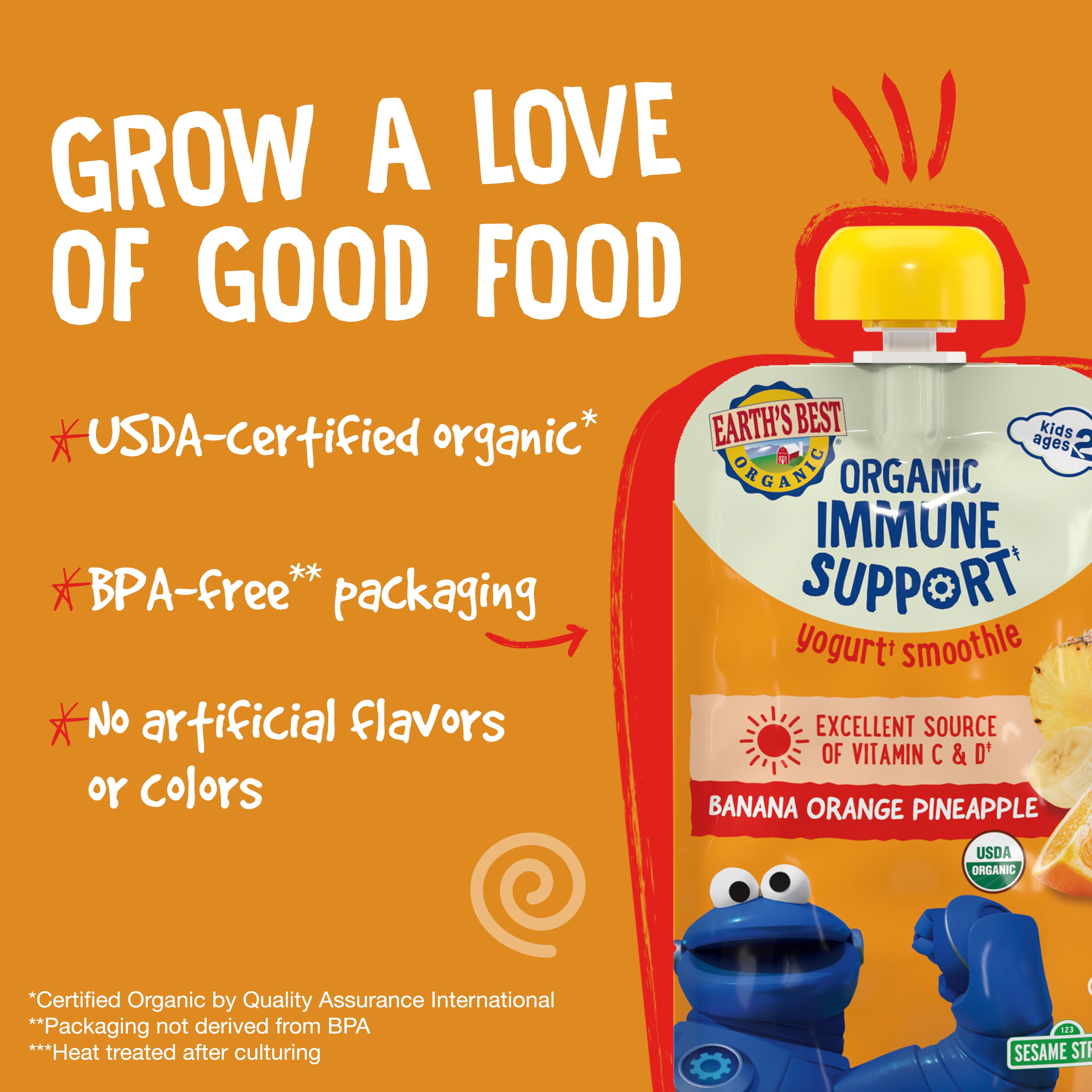 (4 pack) Earth's Best Organic Immune Support Toddler Food, Banana Orange Pineapple Smoothie, 4 oz Pouch