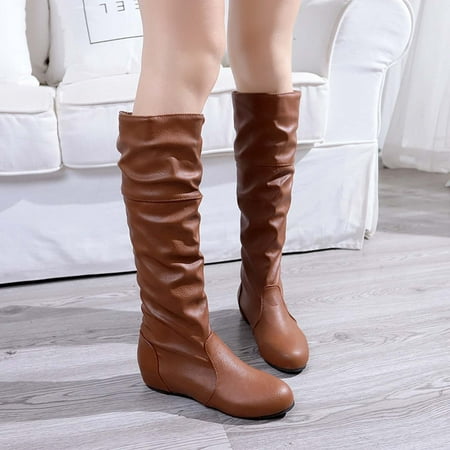 

jsaierl Women s Winter Solid Color Long Boots Flat Heels Round-Toe Knee High Boot