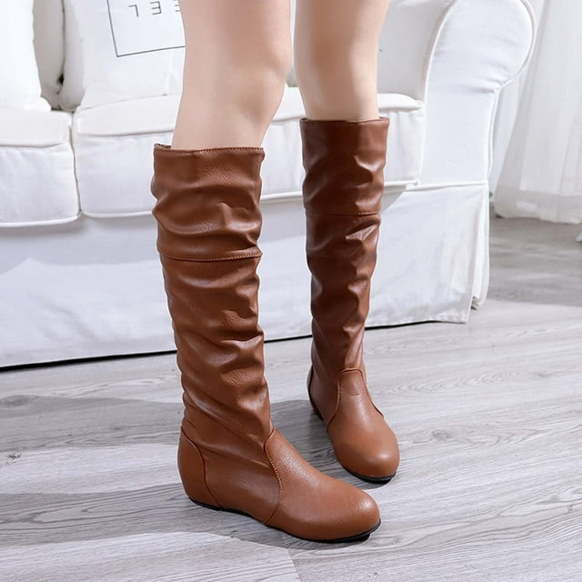 jsaierl Bottes Longues d'Hiver Unies pour Femmes Talons Plats Bout Rond Bottes Hauteur Genou