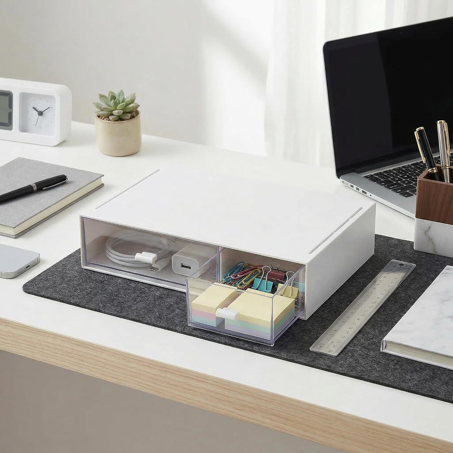Desk Organizer with Drawer Stackable Plastic Desk Storage Box Compact Desktop Organizer for Office Home Small Space Countertop Storage for Stationery Supplies and Accessories 2 Drawer White
