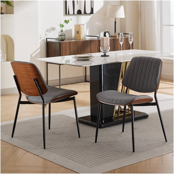 Set of 2 Mid Century Modern Dining Chairs with Walnut Bentwood Back and Faux Leather Upholstered Seat, Retro Kitchen Side Chairs with Metal Legs, Adjustable Levelers, Gray