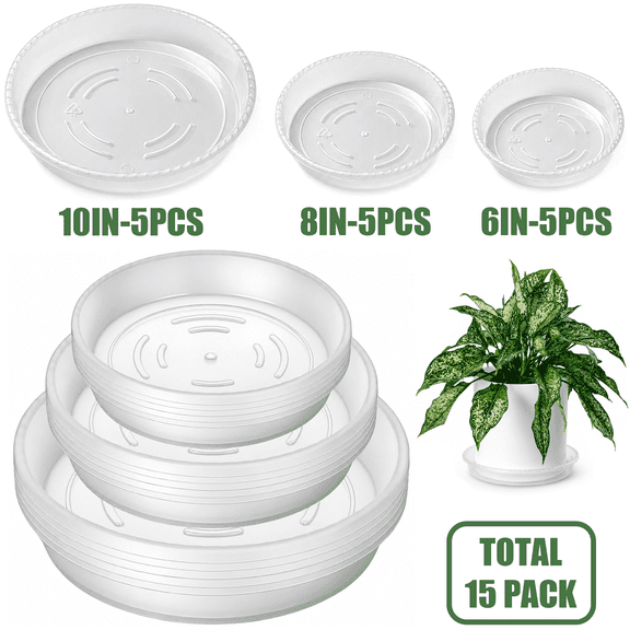 Verdsoeo 15 Pack Clear Plant Saucers, Heavy-Duty Plastic Plant Drip Trays, Durable Flower Pot Saucers for Indoor and Outdoor Plants, 6/8/10 Inch