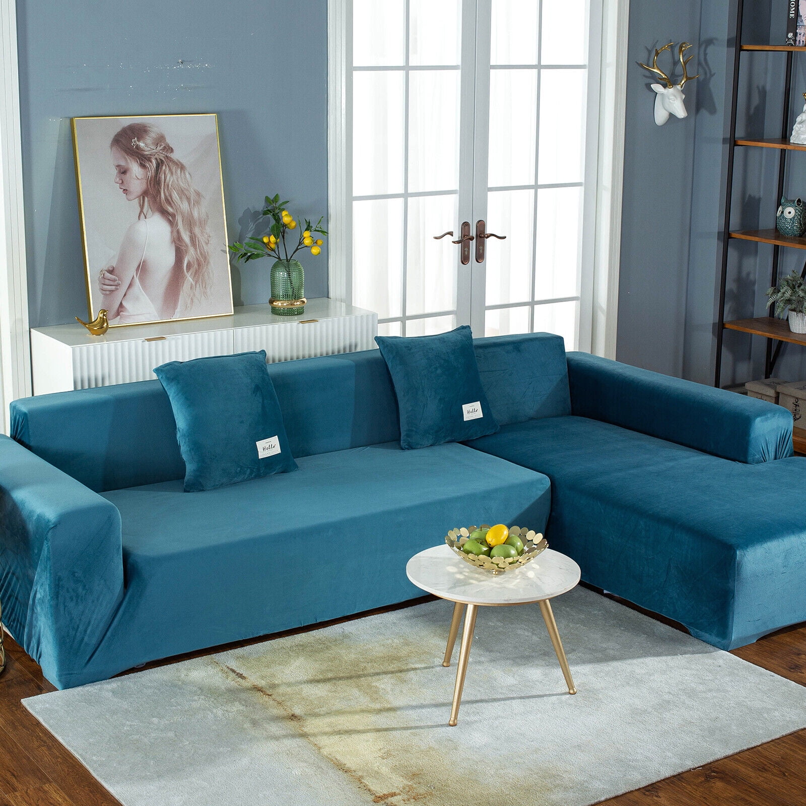 SHANNA Thick Velvet L Shape Sofa Covers, Non-Slip Sectional Couch Cover Protector Plush Sofa Slipcovers with 2pcs pillowcase for Living Room