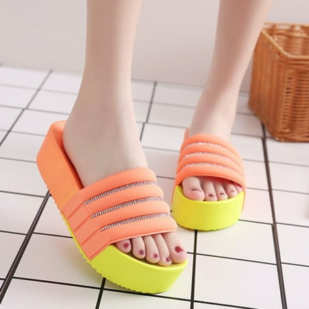 

SUODUI Women s Slippers Summer One Word Drag Flash Drill Loose High Bottom Non Slip Outer Wear Thick Bottom Sandals And Slippers Orange 7