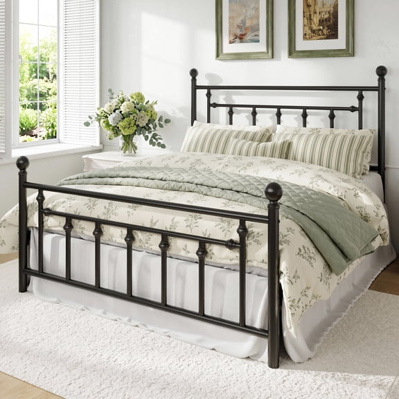 Amolife Queen Bed Frame, Metal Platform Bed Frame with Vintage Pattern Headboard, Black
