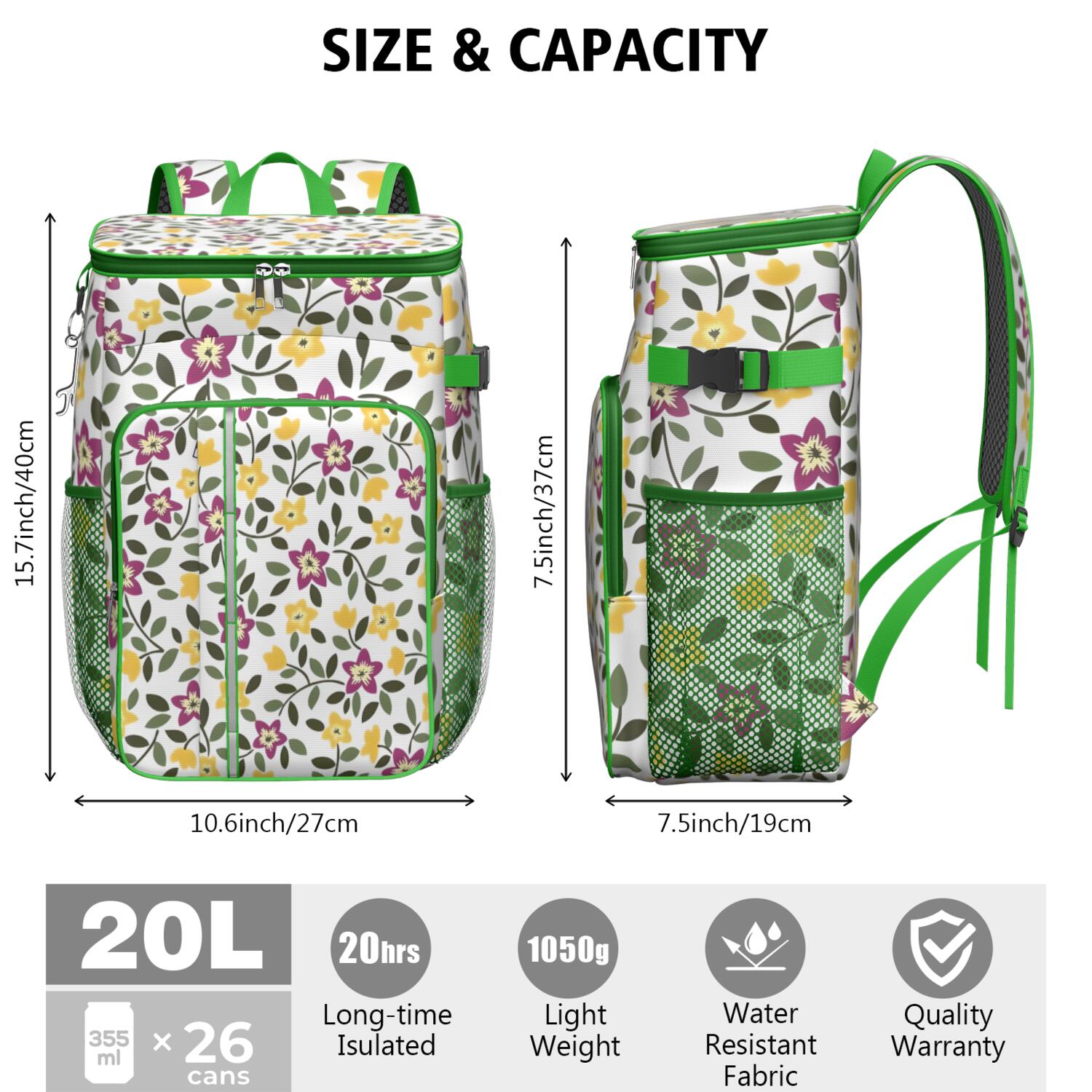 Travel Cooler Bag - Pioneer Flower Floral Print Pattern Camping Beer Cooler Backpack with Bottle Opener- Waterproof Insulated Picnic Backpacks - Cooler Bag for Beach