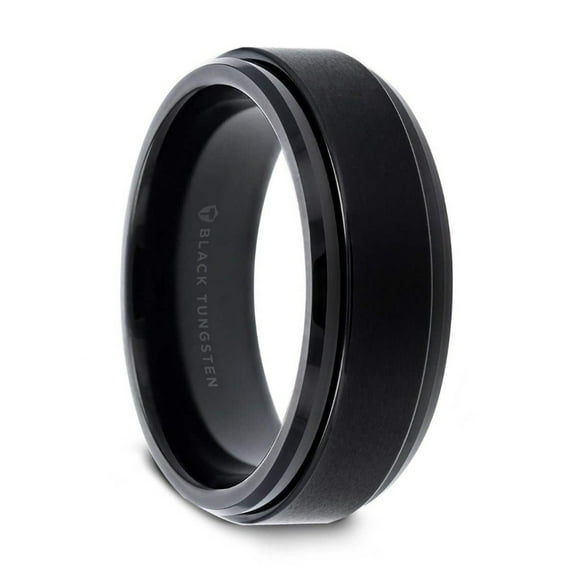 Thorsten REVOLVE Black Tungsten Brushed Finish Spinner Ring Polished Base Spinning Wedding Band - 6mm 8mm