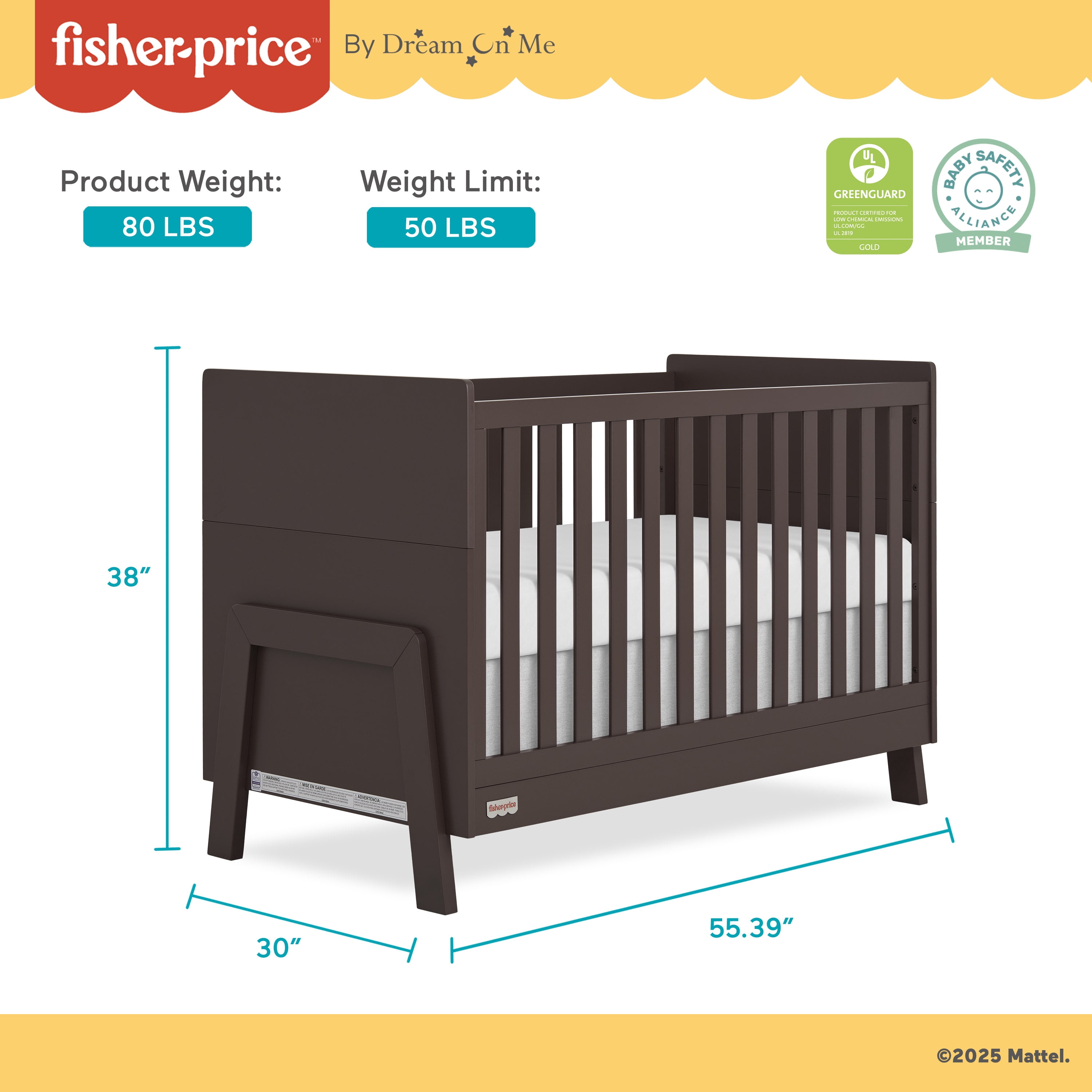 Fisher Price Iris 4  in 1 Convertible Crib by Dream On Me, Chocolate Chip