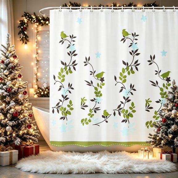 Green Leaf Bird Christmas Print Shower Curtain (70.8x70.8inch), Fresh Botanical Festive Home Bathroom Holiday Decor