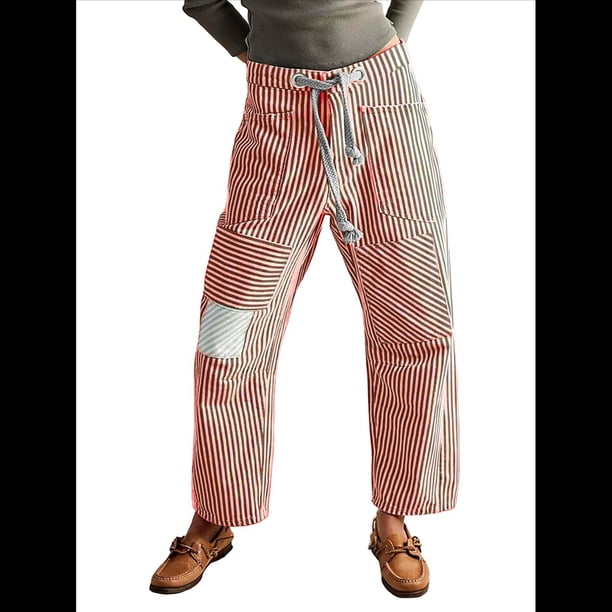 Jeans para Mujer Y2k con Rayas, Cordón Ajustable, Cintura Alta, Rectos, Pierna , Estilo Boyfriend, Pantalones Vaqueros Mom. Rojo L
