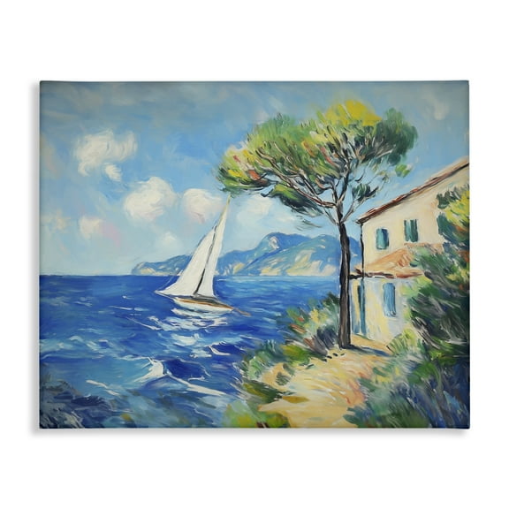 Stupell Industries Sailboat & Beach Villa Coastal Painting Gallery Wrapped Canvas Art Print Wall Art, 20 x 16