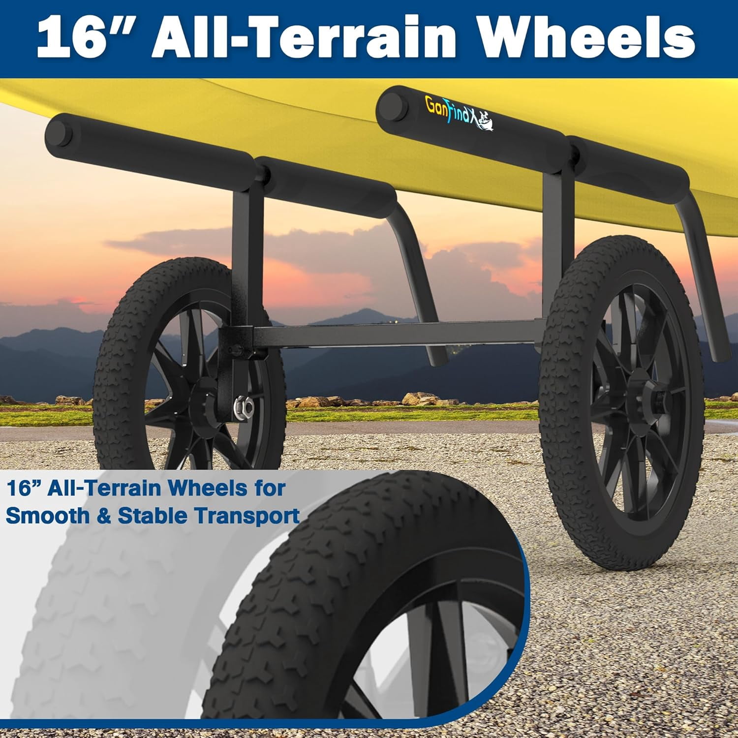 GanFindX Kayak Cart with Solid Foam Wheels, Detachable Canoe Trolley Carrier, Heavy Duty Kayak Dolly Transport with Upright Frame & Crossbar for All Terrain