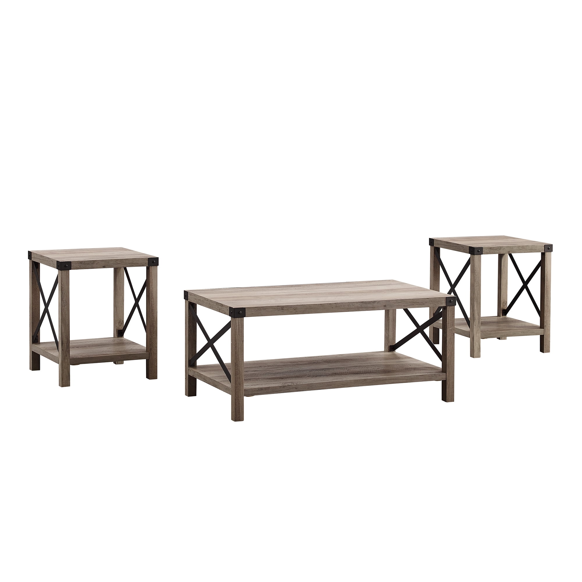 Manor Park 3-Piece Rustic Wood & Metal Coffee Table Set - Grey Wash