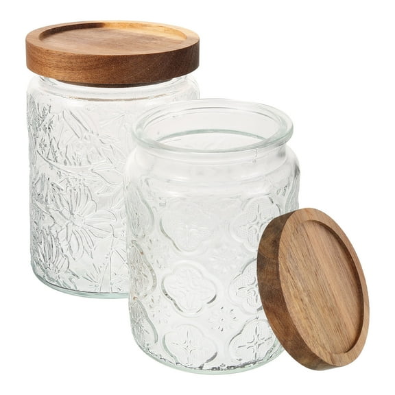 CHICHUMID 2Pcs Vintage Transparent Glass Storage Jar with Wooden Lid for Tea