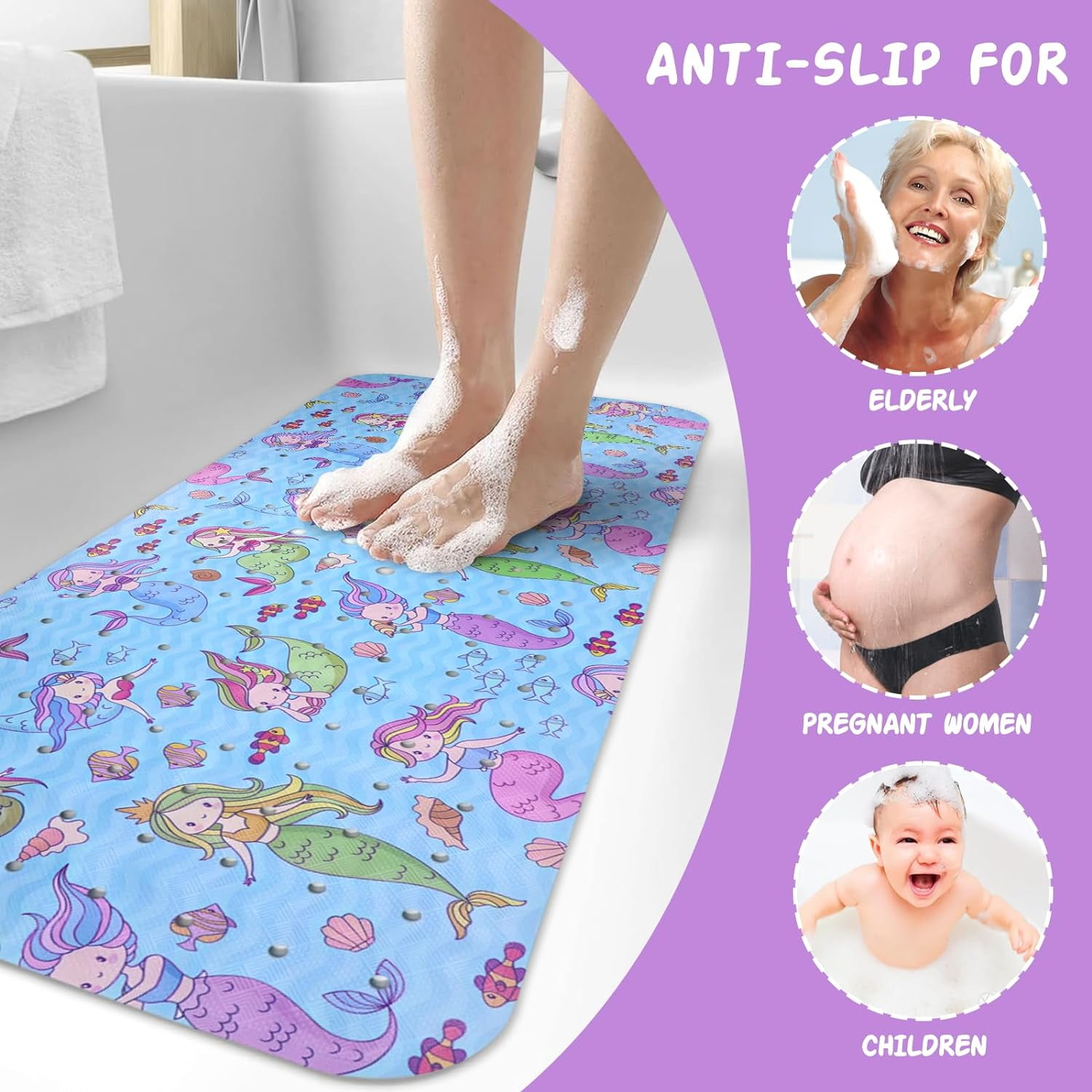 Mermaid Bathtub Mat Non Slip Shower Mat Extra Long Anti Slip Bath Mats for Tub with Suction Cups and Drain Holes