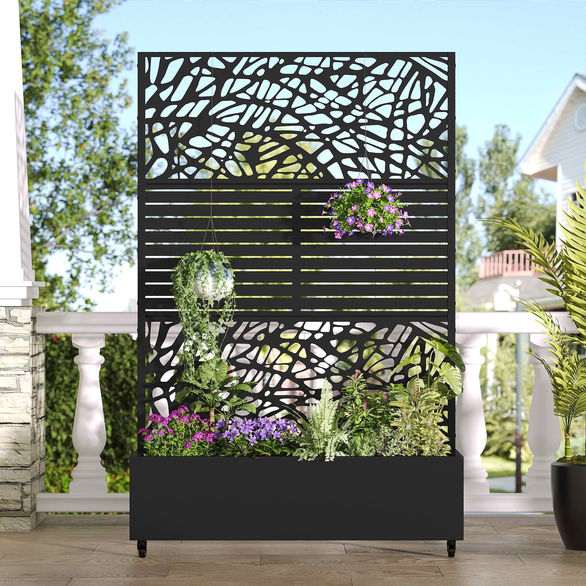 MAYEERTY 72x47x16 Inch Black Metal Planter Box with Trellis for Outdoor Garden & Patio