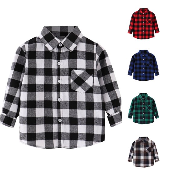 RUTAYY Boys Shirt Casual Turndown Collar Long Sleeve Plaid Print Pocket Daily Outdoor Wear White