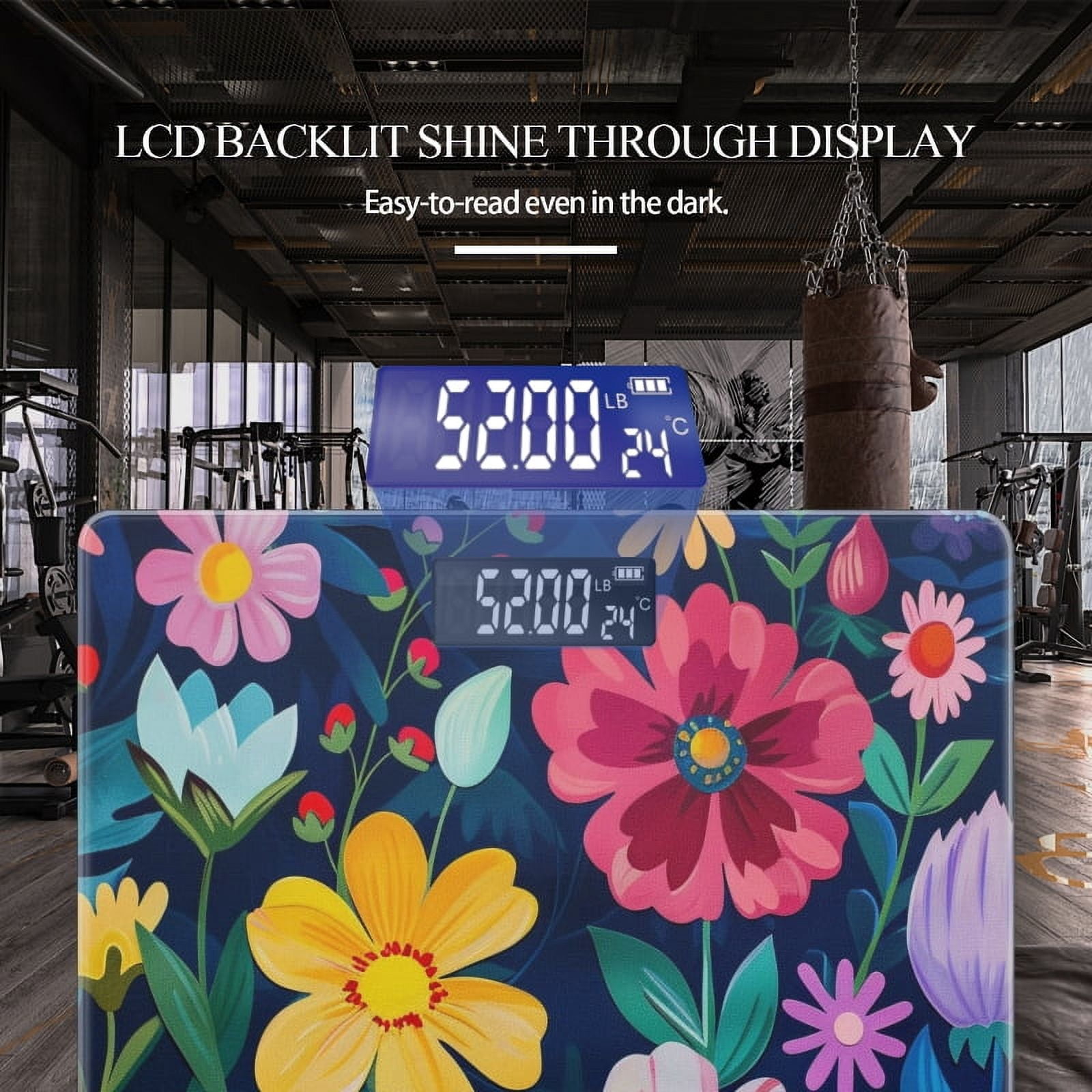 Digital Bathroom Scale with Large LCD Display,High Capacity Scale 400 lbs High Precision body fat scale-Vibrant And Colorful Floral Pattern On Dark Blue Background