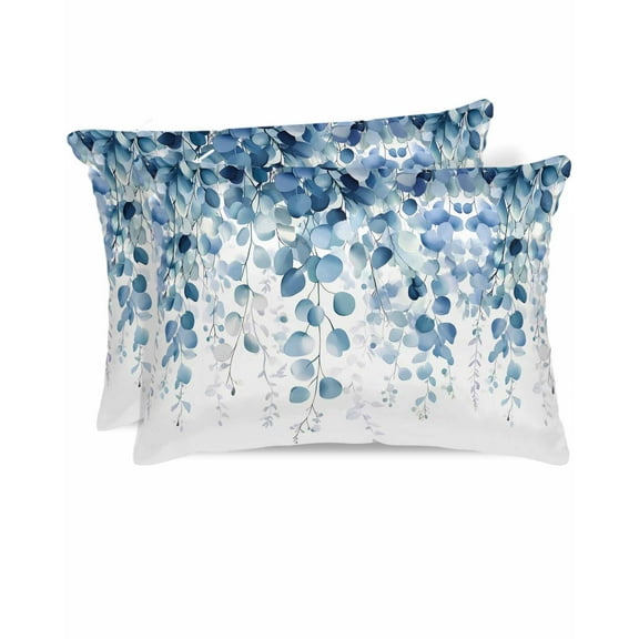 Hokiten Pillow Cases Queen Size Set of 2, Couch Pillow Covers, Blue Eucalyptus Leaves Satin Pillowcases with Zipper for Hair/Skin, Pillow Protector Cover, Summer Botanical Weeping 20x30 Inches