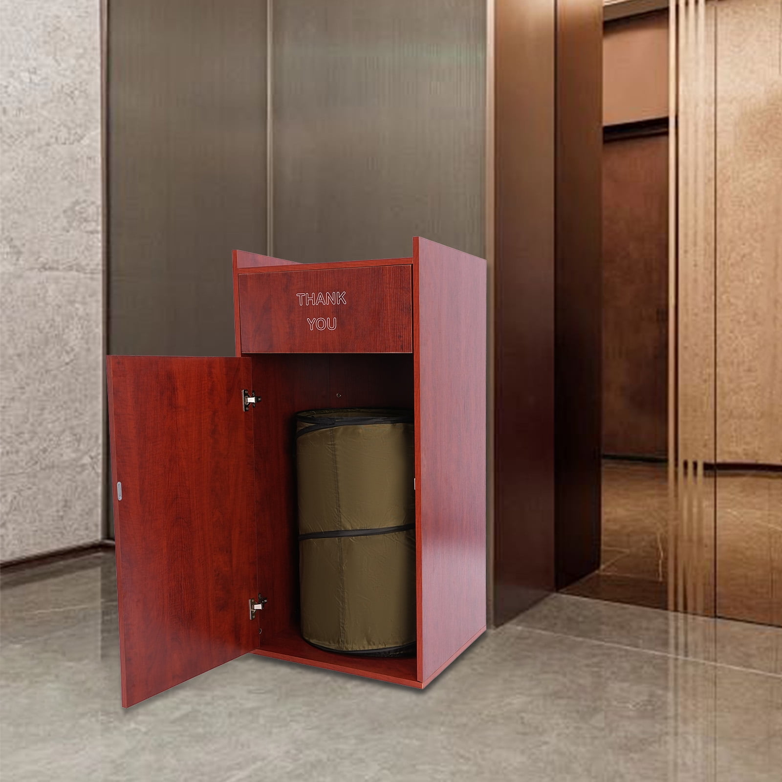 Wooden Trash Can with Tray Top, 30 Gallon Garbage Receptacle Cabinet, Commercial Grade Rubbish Bin for Office Cafeteria Restaurant (Brown)