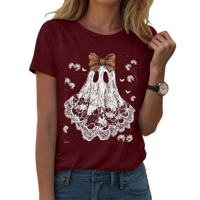 Fgnfyis T-Shirt Graphique d'Halloween à Manches Courtes pour Femme, Col Rond Décontracté, Tee pour Tenue de Fête d'Été avec Jeans, Hauts pour Femme, Bourgogne, TG