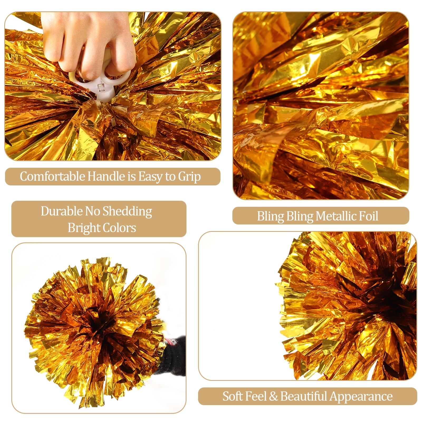 Ultrafun 12Pcs Cheerleading Pom Poms with Finger Holes Metallic Foil Cheer Pom Poms for Dance, Matches, Team Spirit Sports, Stage Performance, Carnival Celebration