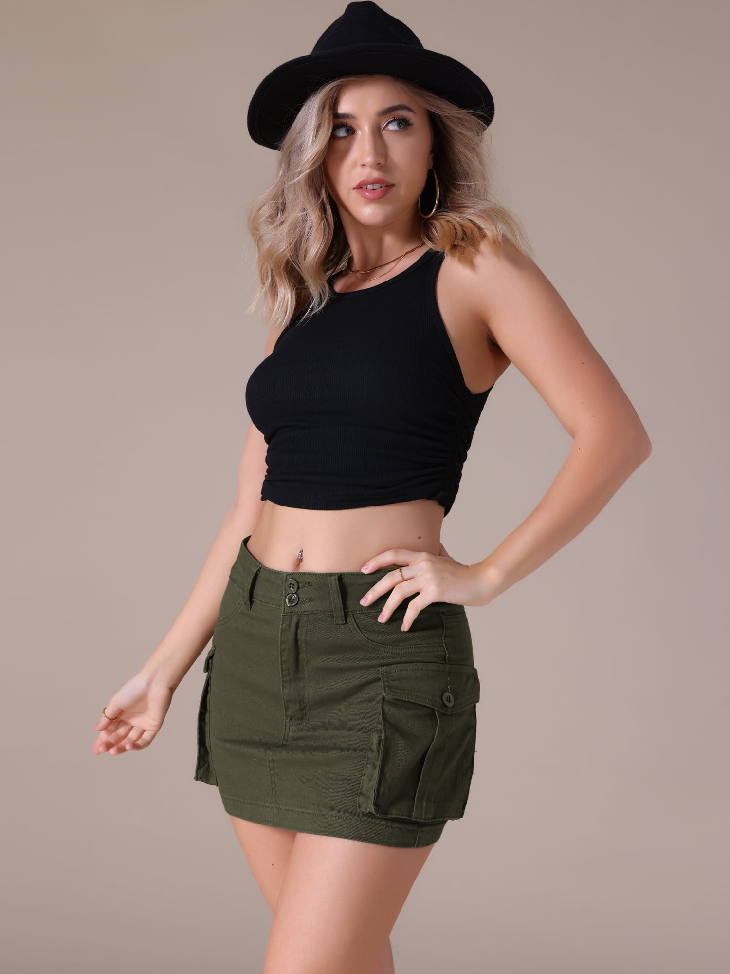 DARING DIVA Women's Denim Skirt Cargo Pockets Button Mini Jeans Skirts S Army Green