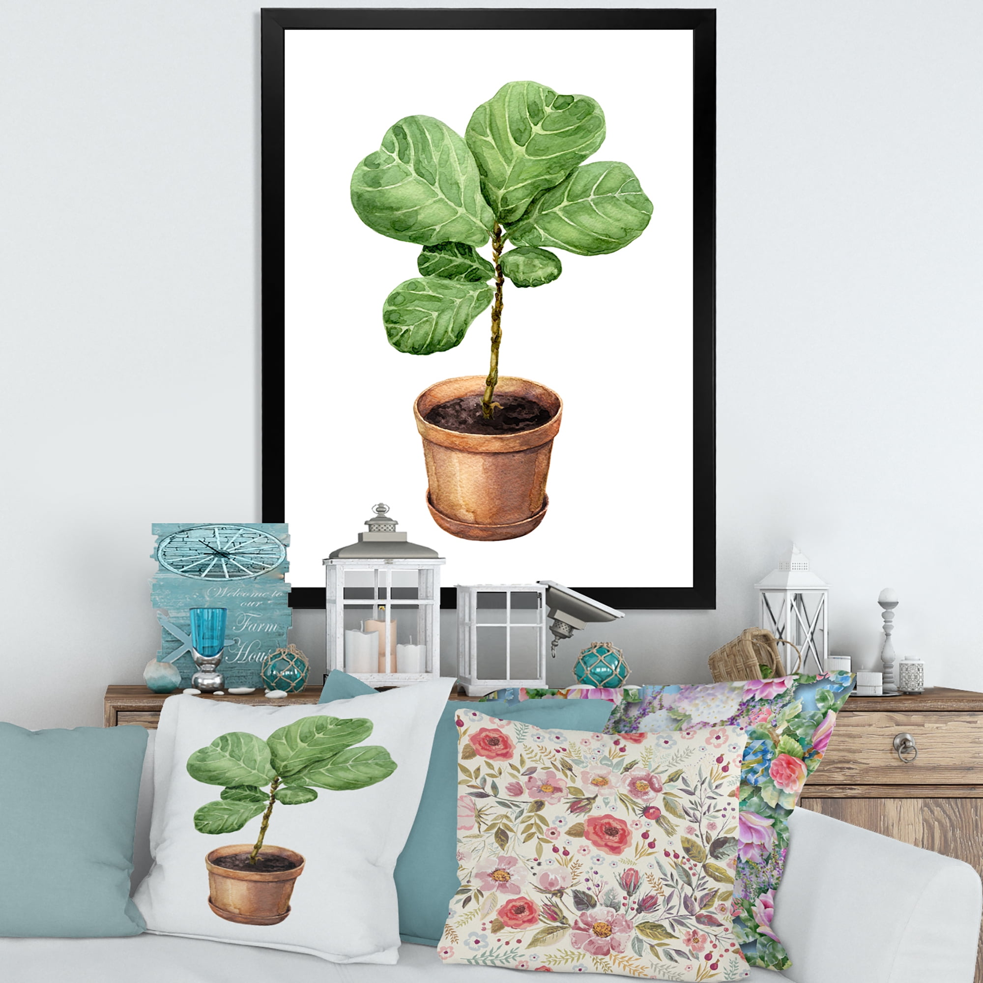 Designart 'Ficus Lyre Plant In Clay Flowerpot' Traditional Framed Art Print