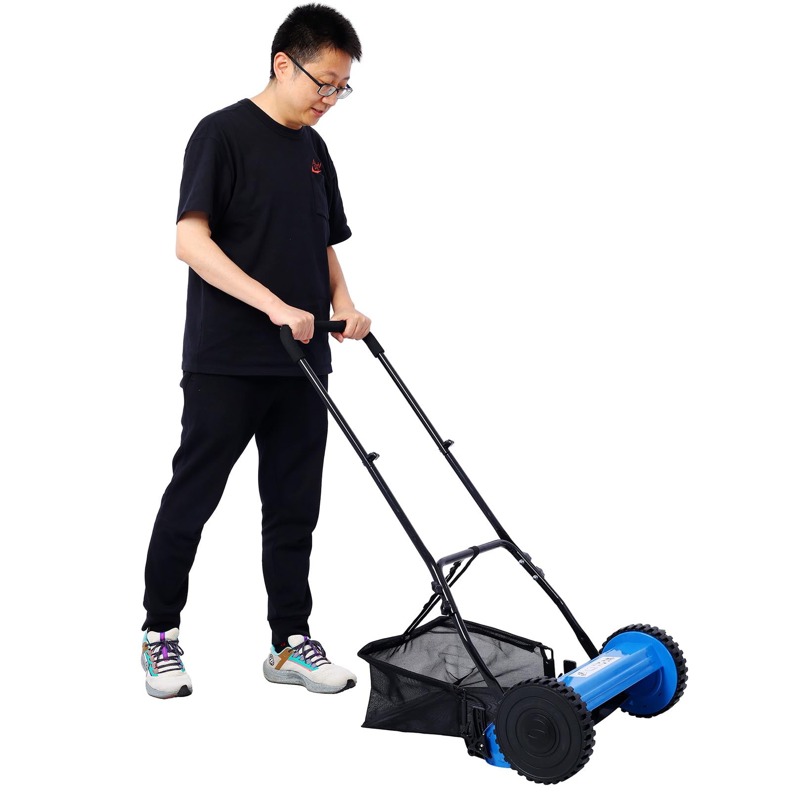 Precision Cutting Blue 16-Inch 5-Blade Push Reel Lawn Mower with Grass Catcher Adjustable Blade Height Eco-Friendly