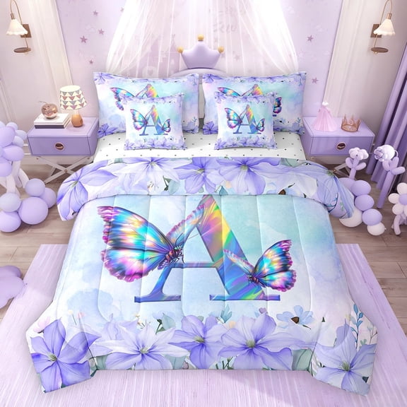 Erosebridal Purple Butterfly Twin Bedding Sets for Girls, Garden Flower Floral Bedding Comforter Set, Initial A, Reversible, 7 Pieces