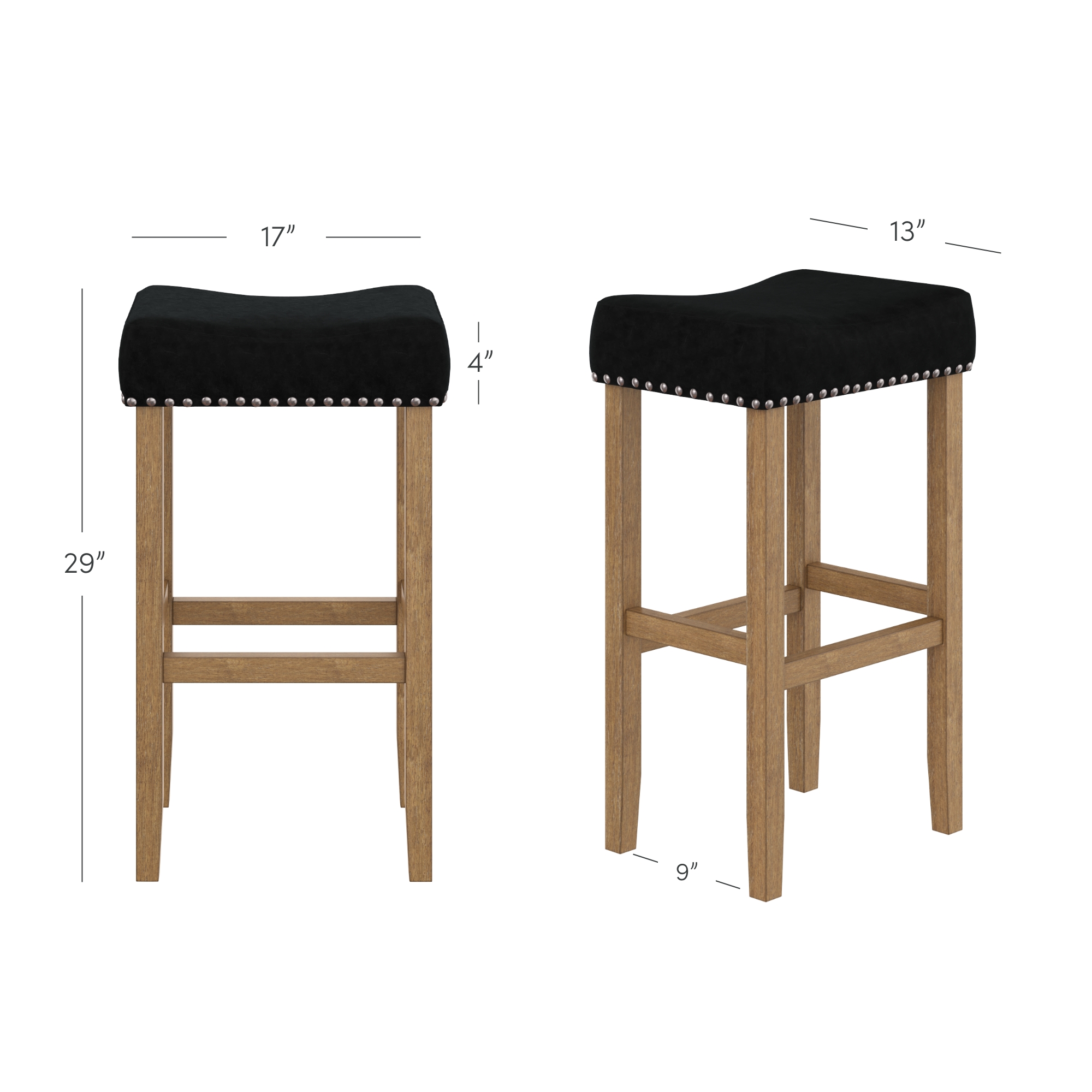 Nathan James Hylie Nailhead Wood Pub-Height Counter Bar Stool 29" Black Fabric Cushion Light Brown Finish