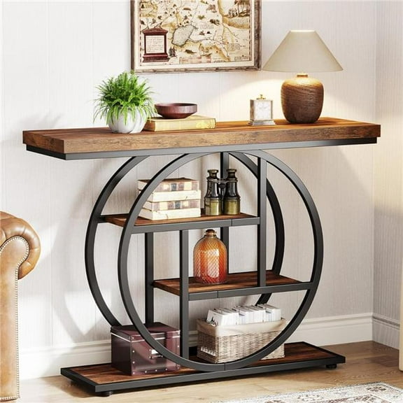 Emoottoo TB-JW0606 41.3 in. 4-Tier Industrial Console Table with Unique Circle Metal Frame & Storage Shelves - Rustic Brown