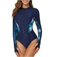 thumbnail image 3 of lcziwo Clearance Sales Today Sales Prime One Piece Rash Guard Swimsuit for Women Casual Zip Up Long Sleeve Surfing Swimwear Fashion Tropical Print Bathing Suits Beach Vacation Outfits Navy M, 3 of 9