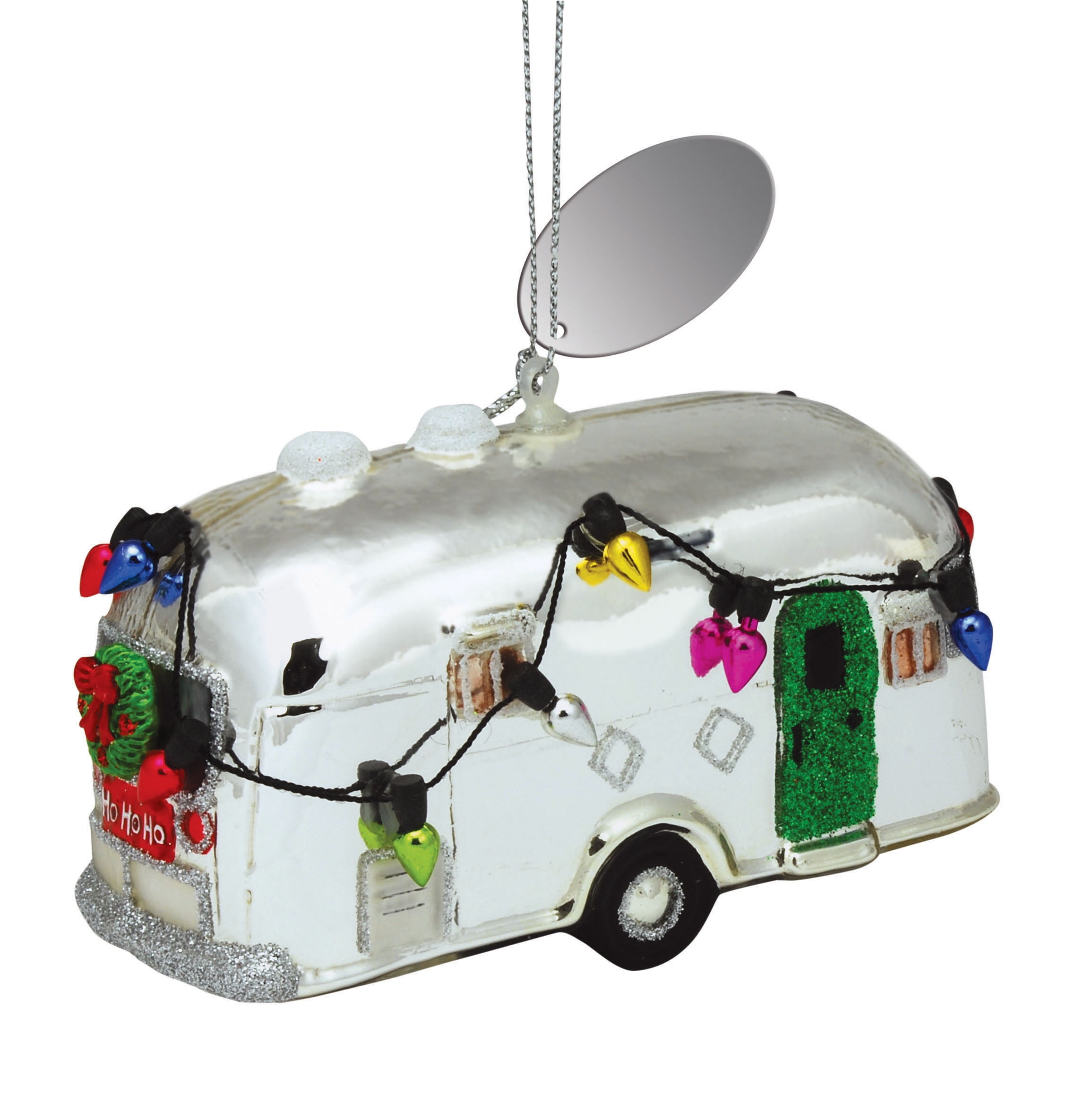 Silver Camper Decorated for Holidays Blown Glass Christmas Ornament