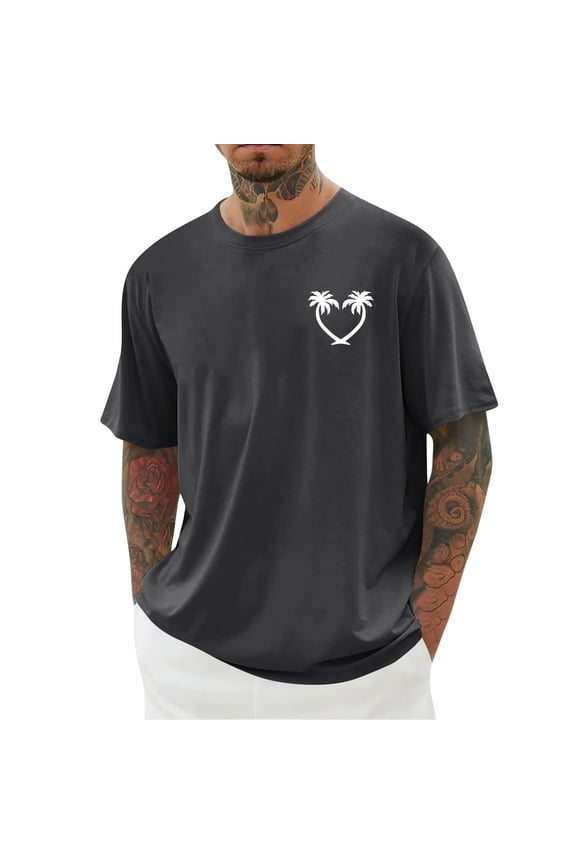 T-Shirt Coconut Tree Pattern T-Shirt Men's Casual Style Summer Autumn Micro Stretch Round Neck T-Shirt, Simple Atmosphere-Gray XXXXXL