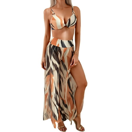 Previn Women s 3 Piece Bikini Set Cover Up Pant Printed Adjustable Shoulder Straps Bath Suit Cool Curvy Brief Beachwear Billowy Spring Break Striped Large