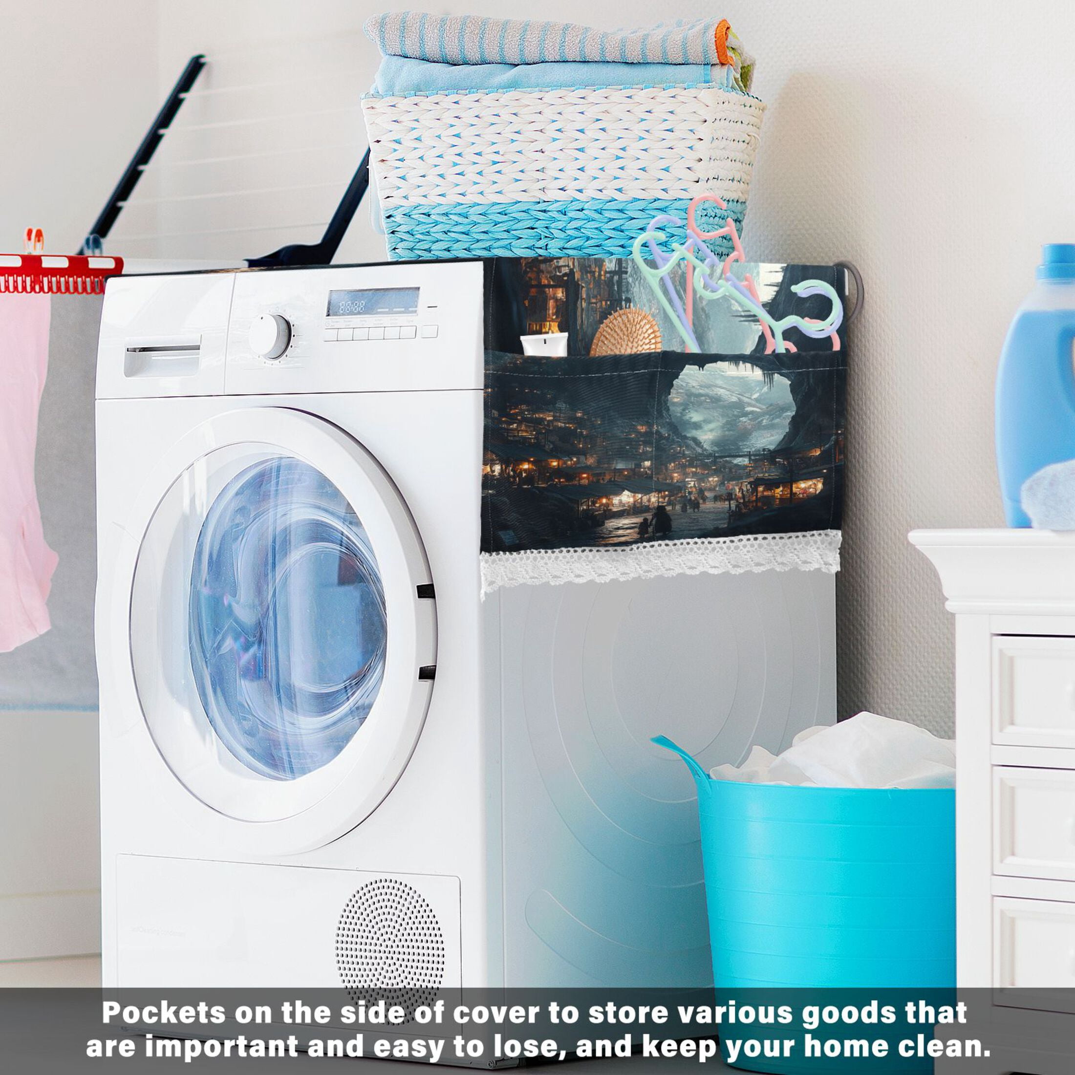 Homeless GirlWasher and Dryer Covers Dust-Proof and Oil Resistant Fridge Cover with 4 Storage Pockets Washing Machine Top Cover for Laundry Kitchen Home 51.2 x 22 In