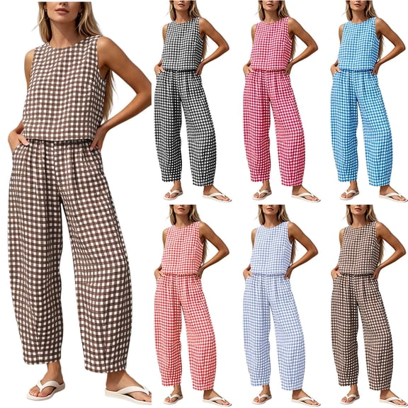 Purcolt Women's 2 Piece Gingham Sleeveless Blouse and Loose Cropped Pants Sets Summer Casual Versatile Lounge Outfits