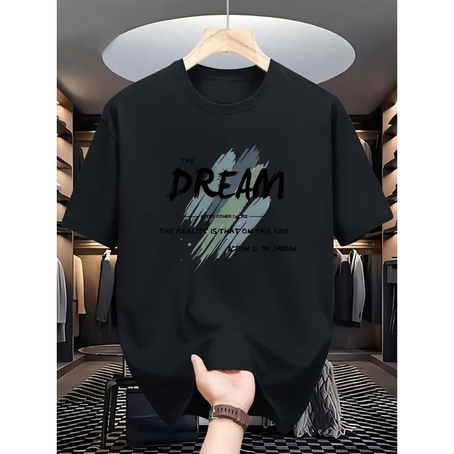 Men'S Casual Crew Neck T-Shirt with Dream Print, 100% Polyester Knit Fabric, Slight Stretch, Summer Short-Sleeve Top, Regular Fit, 180gsm - Fashionable Everyday Wear